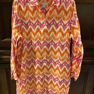 Chico's 100% Linen Chevron Shirt Dress Size 2 (12) Oversized 3/4 Sleeves